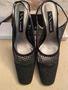 Nina Black Patterned Slingback Heels with Silver Insole